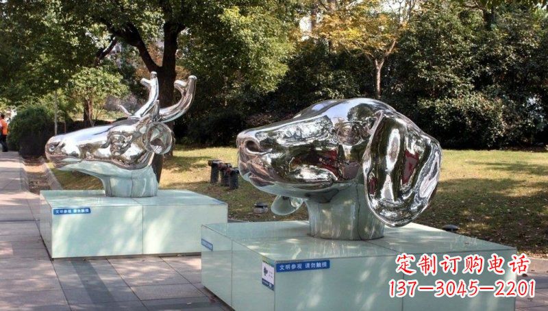 泉州不锈钢公园十二生肖动物头像雕塑