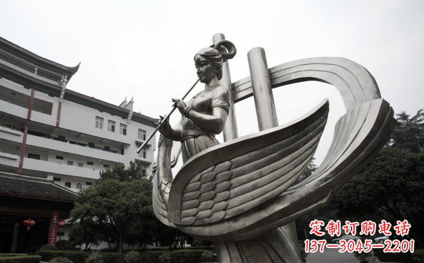 泉州古典美女不锈钢吹笛子雕塑