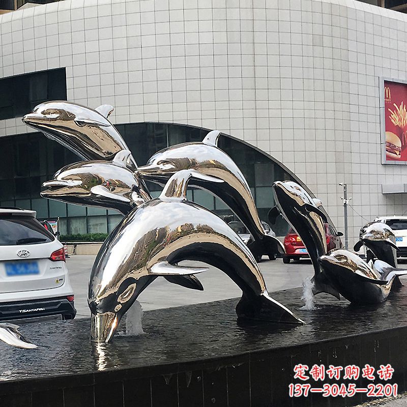 泉州城市商场不锈钢镜面海豚水景景观雕塑摆件