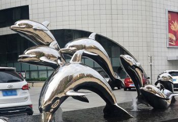 泉州海豚雕塑点亮城市商场的不锈钢镜面水景
