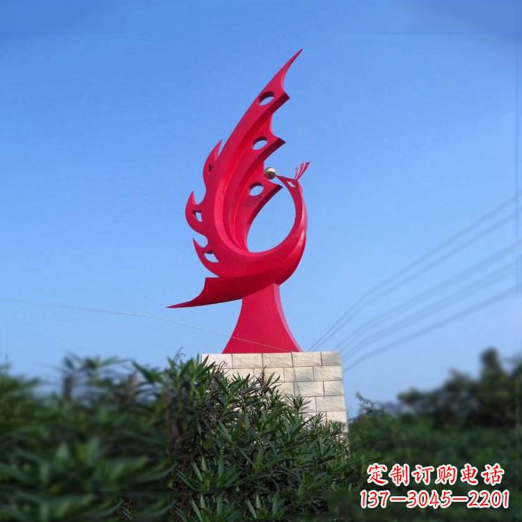 泉州大象红色凤凰不锈钢雕塑-城市动物标识景观雕塑