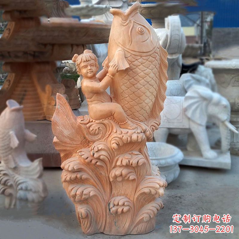 泉州大型喷水鲤鱼景观雕塑-晚霞红石雕动物喷泉