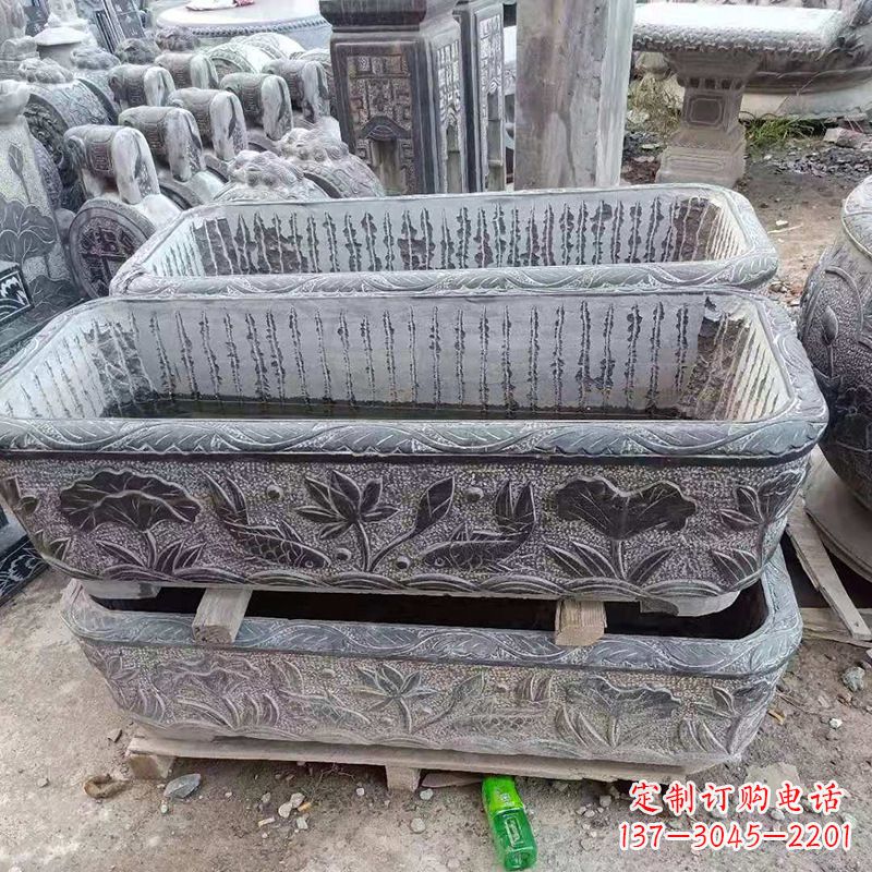 泉州方形石槽雕塑,打造完美家庭养鱼石缸