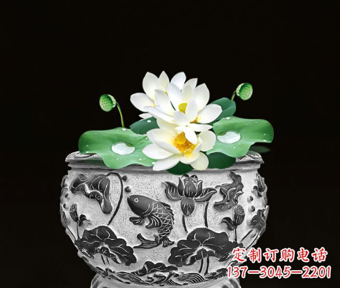 泉州仿古荷花鲤鱼雕塑石水缸