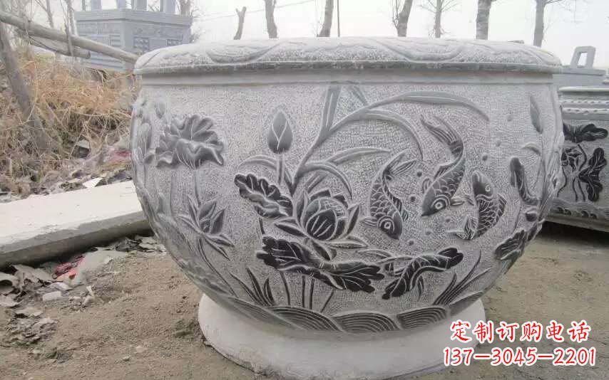 泉州仿古荷花鲤鱼石浮雕水缸