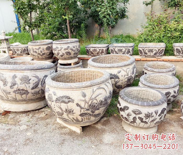 泉州仿古荷花鲤鱼石浮雕水缸 (2)