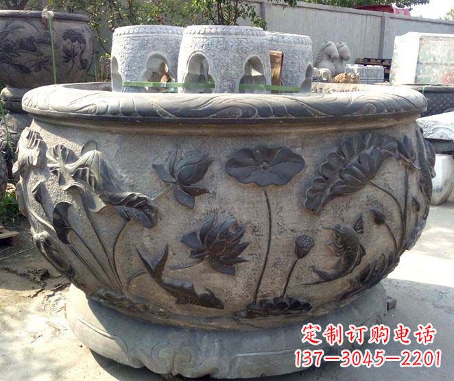 泉州仿古荷花鲤鱼浮雕石水缸