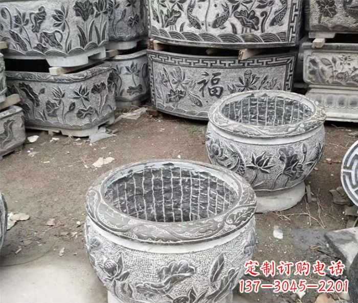 泉州仿古荷花石浮雕水缸