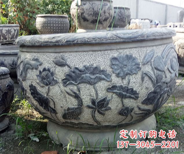 泉州中领雕塑仿古荷花石浮雕水缸