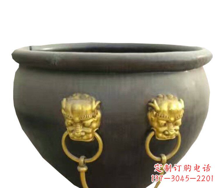 泉州传统工艺鎏金狮子头水缸铜雕塑