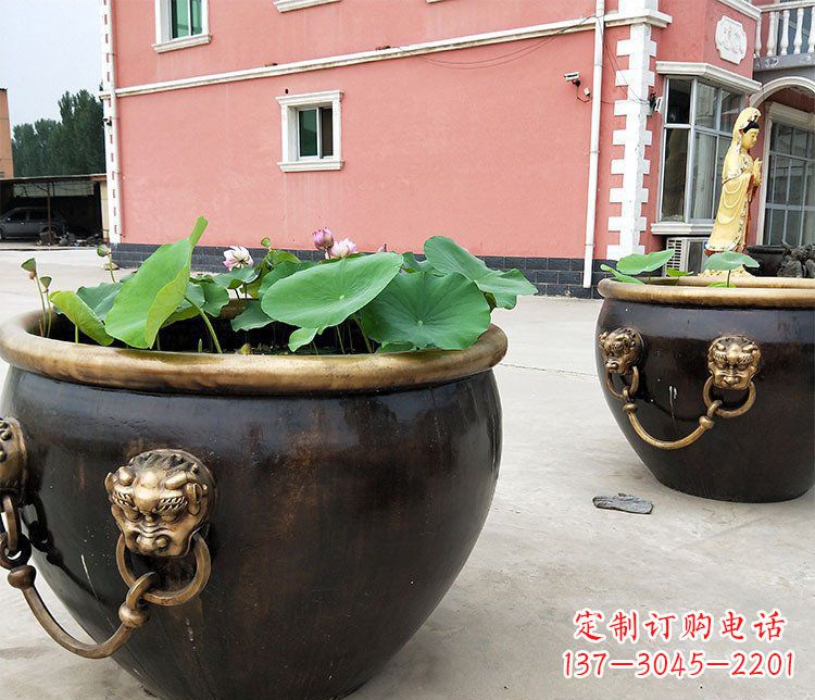 泉州仿古狮子头水缸铜雕塑 (2)