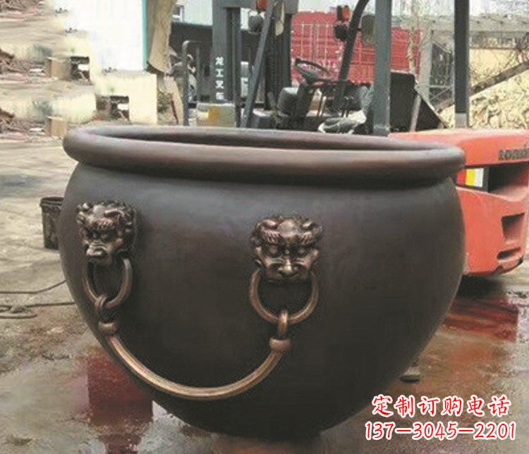 泉州仿古狮子头水缸铜雕塑 (3)