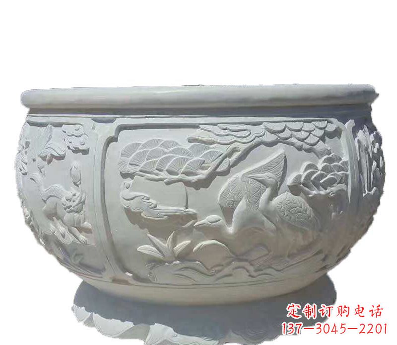 泉州仿古鱼缸石雕花盆摆件