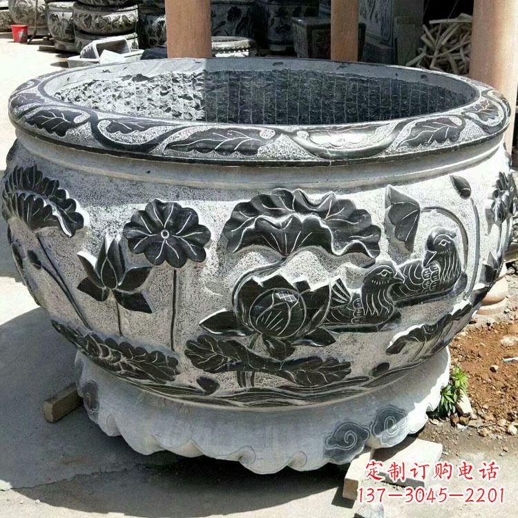泉州极致精细仿古圆形鱼缸石雕