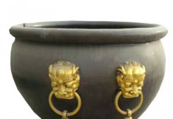 泉州传统工艺鎏金狮子头水缸铜雕塑