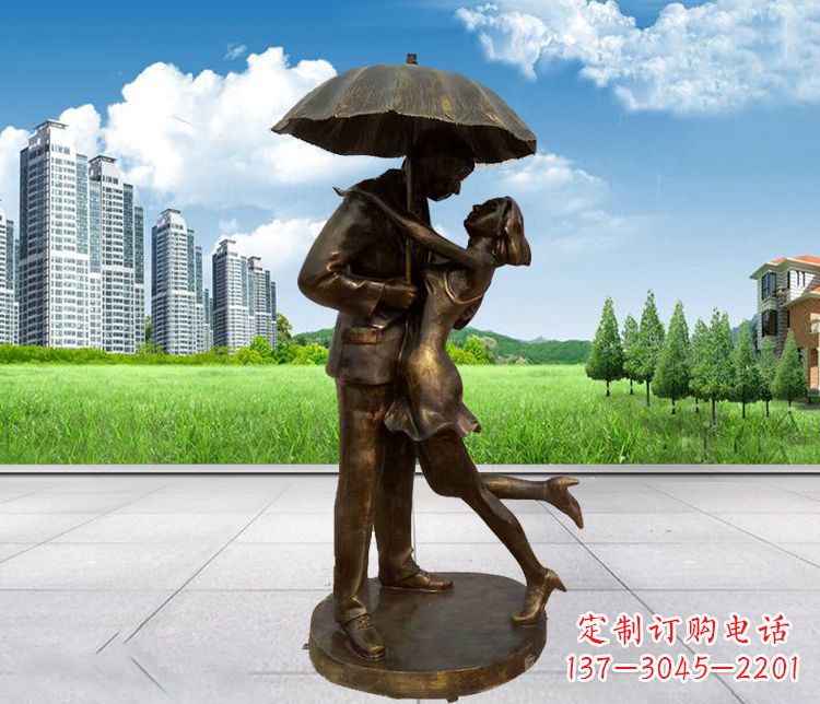 泉州公园打伞接吻的情侣铜雕