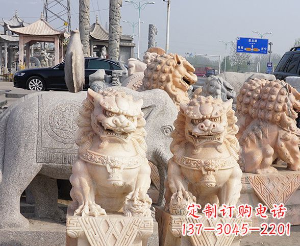 泉州公园动物晚霞红狮子石雕