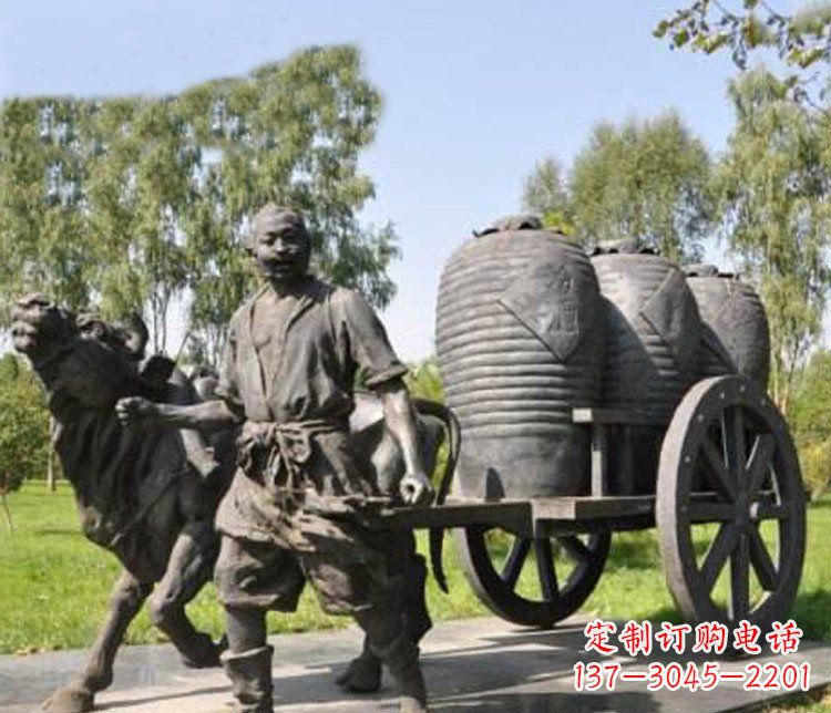 泉州公园驾着牛车拉酒缸的古代人物小品铜雕