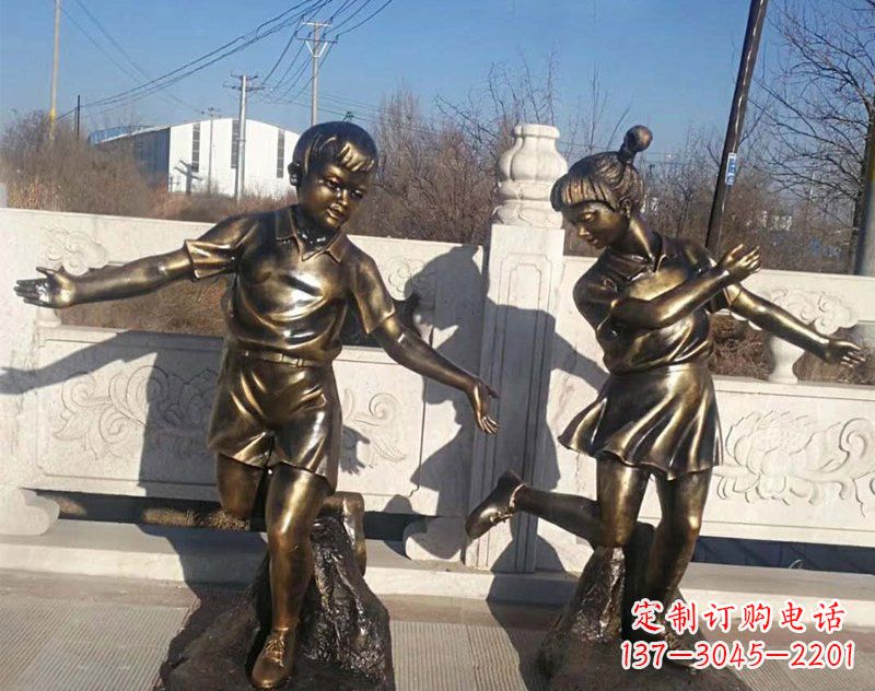 泉州公园景观编花篮儿童铜雕