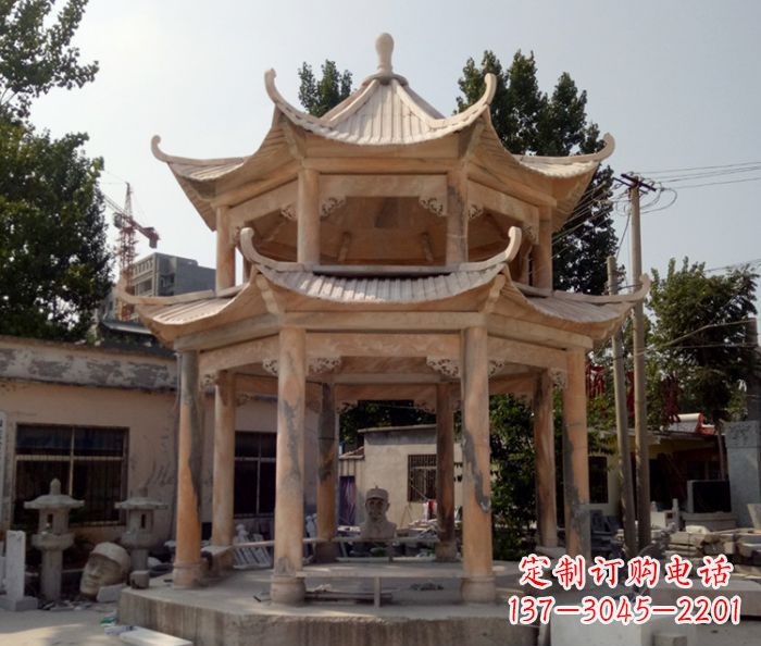 泉州公园景观晚霞红双层石雕凉亭