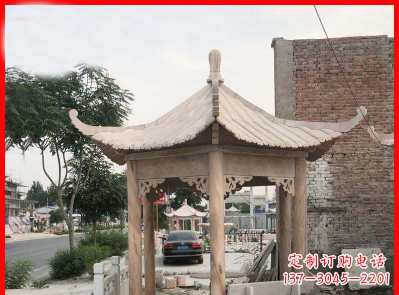 泉州公园晚霞红六角石凉亭雕塑