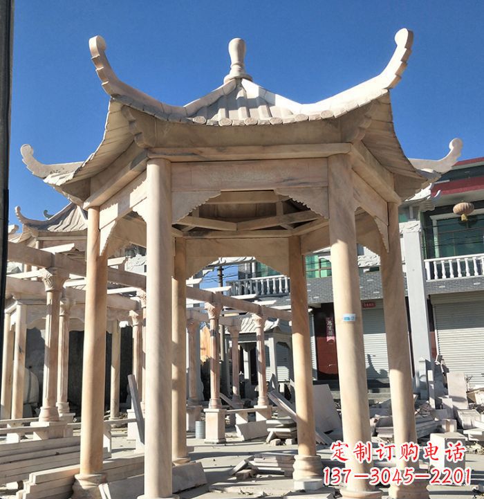 泉州公园晚霞红六角石雕凉亭 (7)