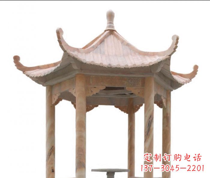 泉州美丽而优雅的公园晚霞红六角石凉亭雕塑