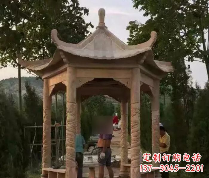 泉州公园晚霞红六角石雕凉亭 (9)