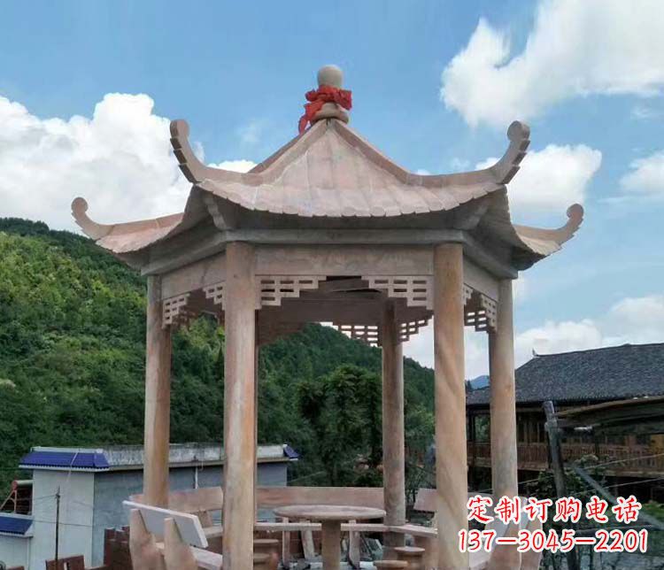 泉州公园晚霞红六角石雕凉亭 (10)