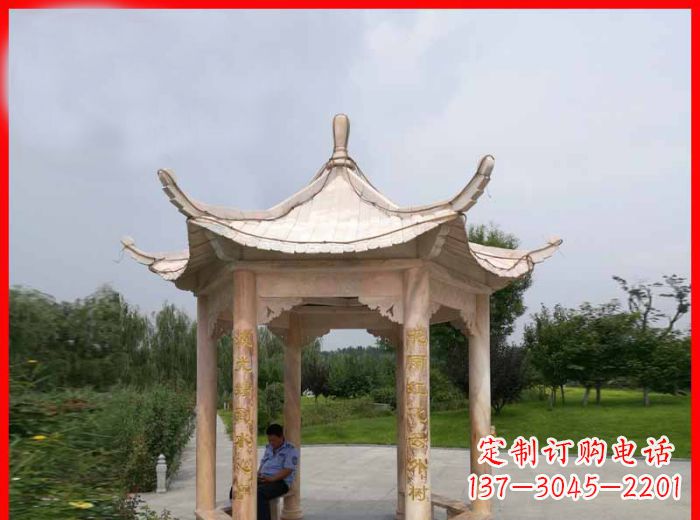 泉州晚霞红六角石凉亭雕塑