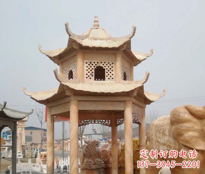 泉州红双层六角石凉亭雕塑