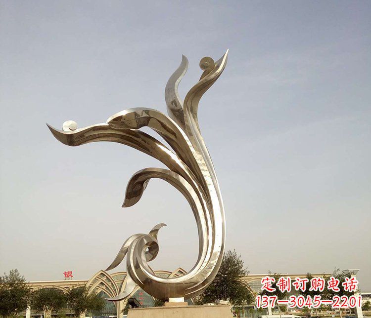 泉州中国传统图案雕刻定制——高端不锈钢抽象金凤凰雕塑