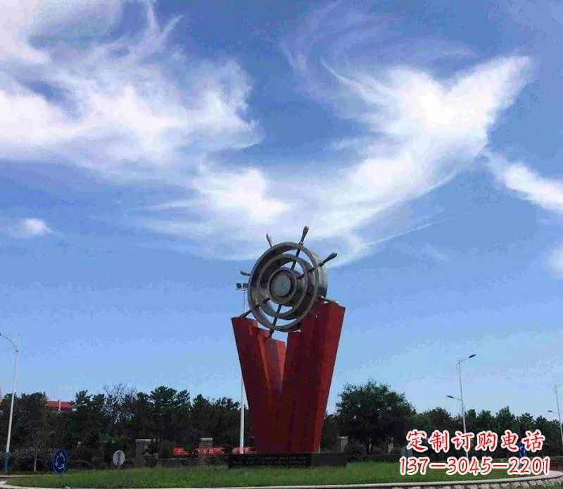 泉州海上风情,精致大气的不锈钢船舵雕塑