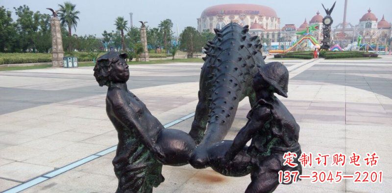 泉州广场抽象恐龙和小孩景观铜雕