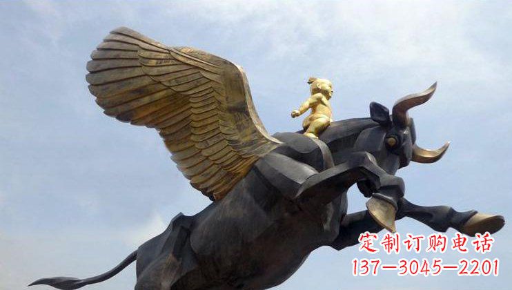 泉州广场骑飞牛的小孩景观铜雕