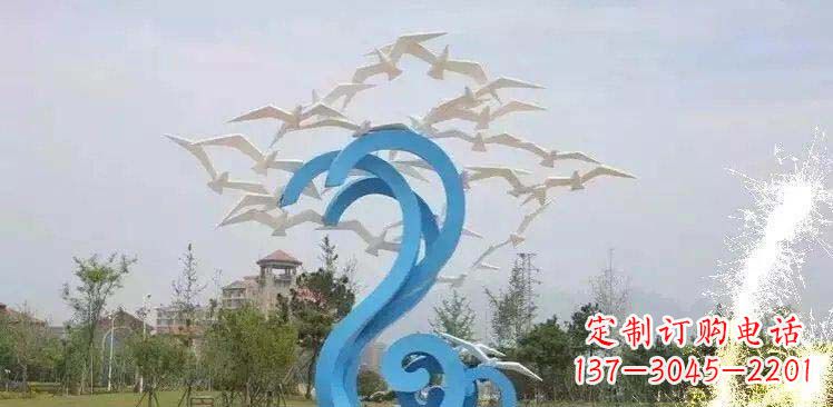 泉州海边不锈钢海浪和海鸥雕塑