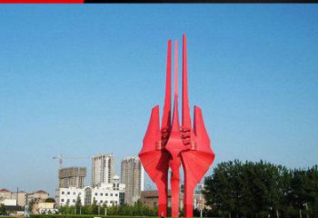 泉州广场红色不锈钢树叶雕塑