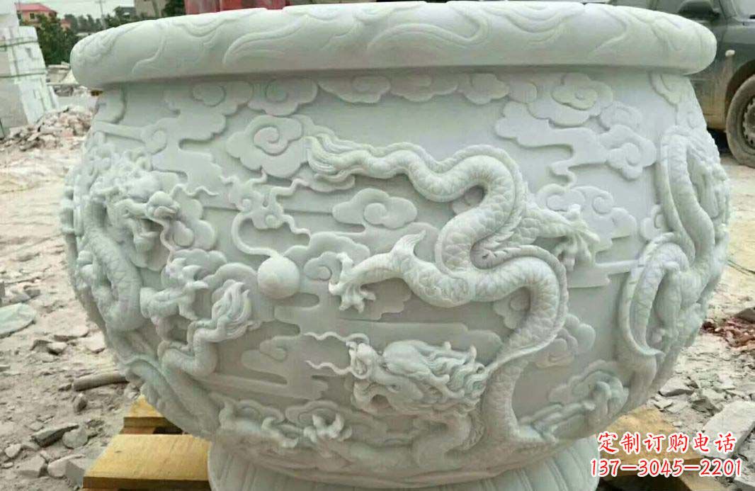 泉州汉白玉龙浮雕水缸雕塑