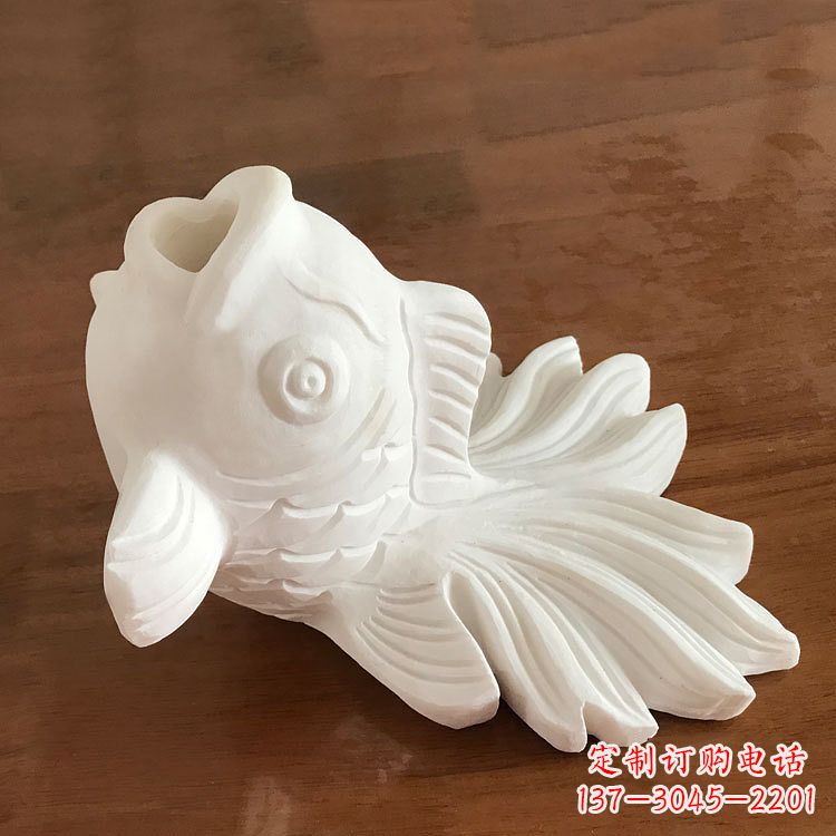 泉州汉白玉喷水金鱼石雕-园林水景创意动物雕塑摆件