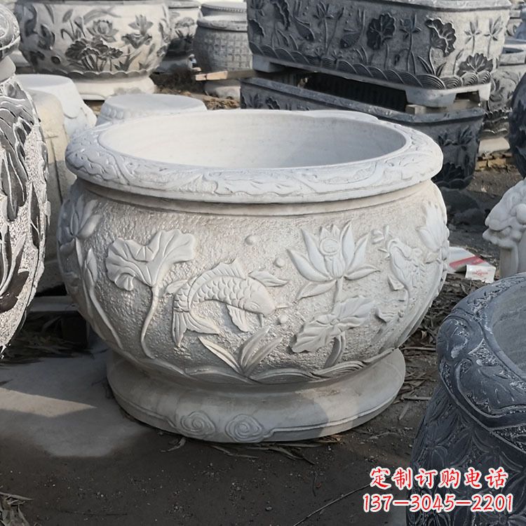 泉州中领雕塑汉白玉石鱼缸雕塑,是一种精美的装…