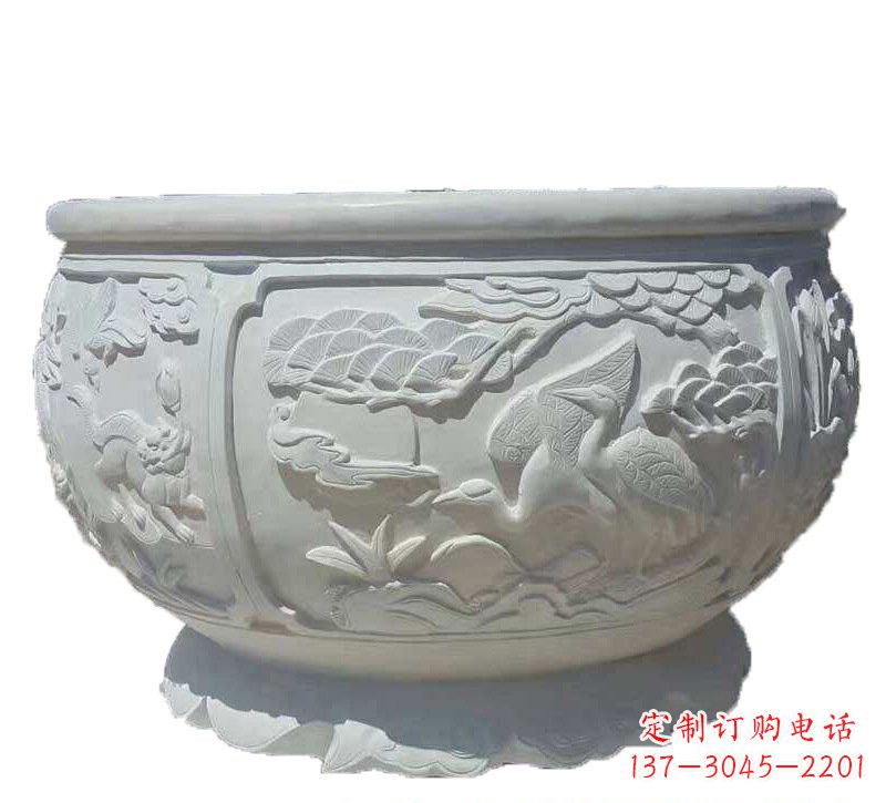 泉州汉白玉松鹤延年浮雕水缸