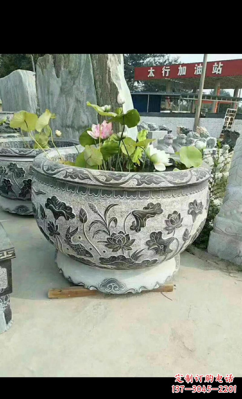 泉州精美荷花鲤鱼石浮雕水缸
