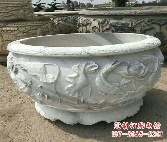 泉州荷花鲤鱼石浮雕招财水缸