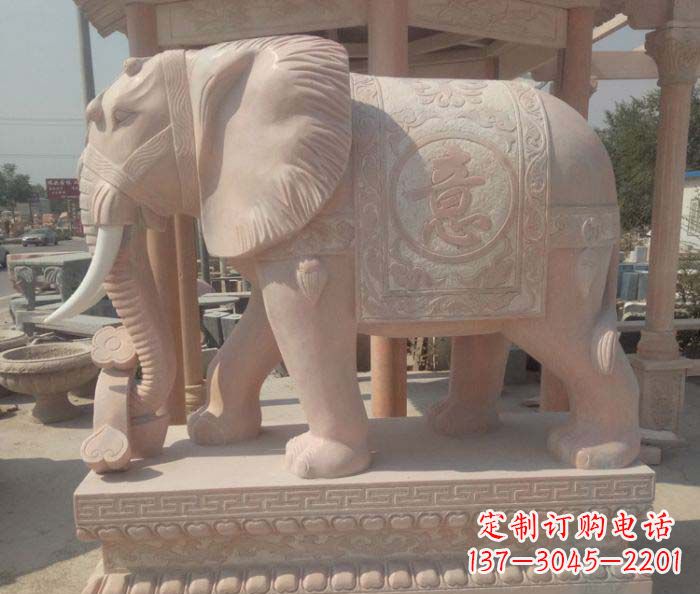 泉州传神雕刻,精美雕塑——吉祥如意大象晚霞红门口石雕