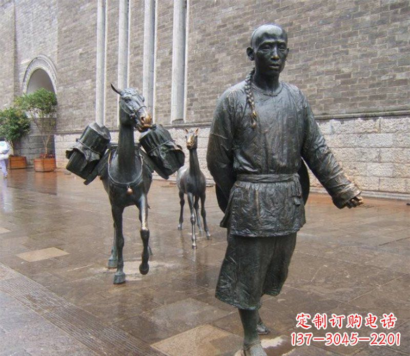 泉州街边牵毛驴的古代人物小品铜雕