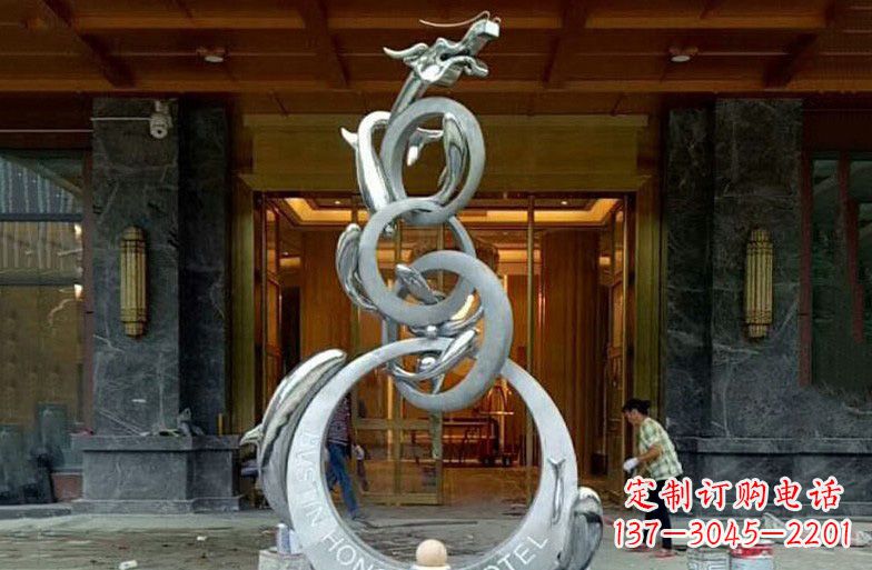 泉州酒店不锈钢抽象鱼跃龙门雕塑
