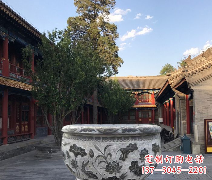 泉州连年有鱼石浮雕圆形荷花水缸