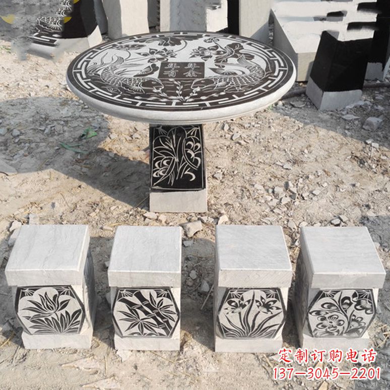 泉州梅兰竹菊仿古方石桌凳雕塑,古朴典雅