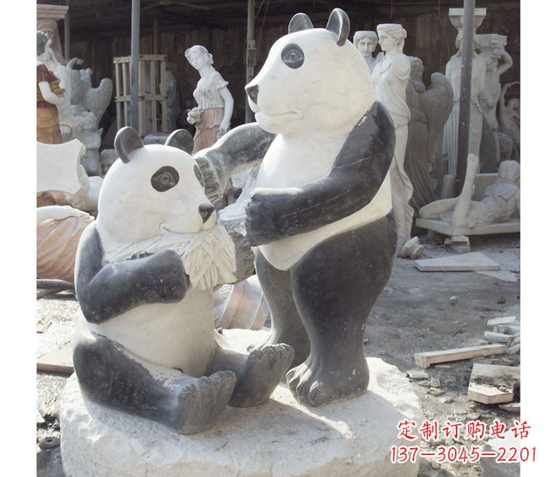 泉州母子熊猫石雕,传达真挚的亲情