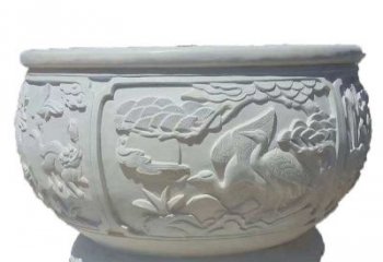 泉州汉白玉松鹤延年浮雕水缸，带给您无尽的岁月美景